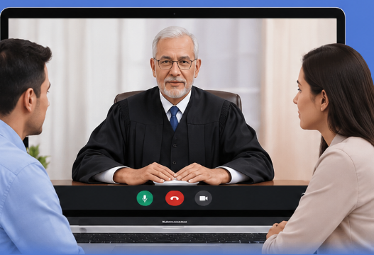 Retired judge conducting an online video consultation